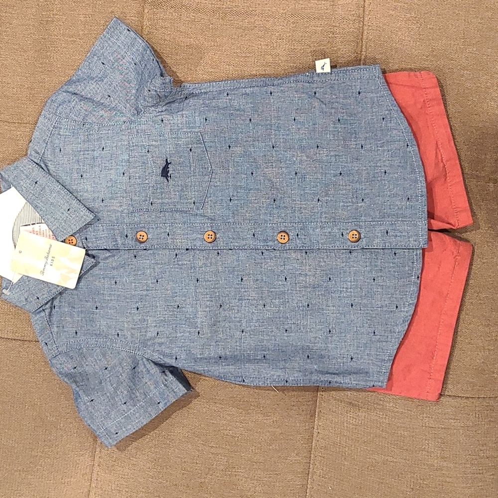 Tommy Bahama Kids Boys Chambray Shirt and Red Short Set 2T